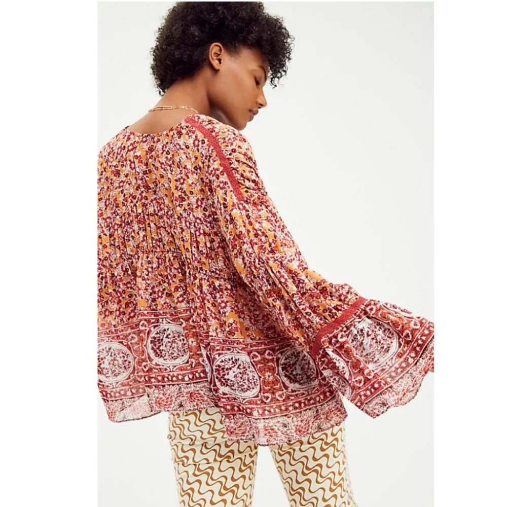 FREE PEOPLE Lorraine Boho Print Tie-front Top NWT